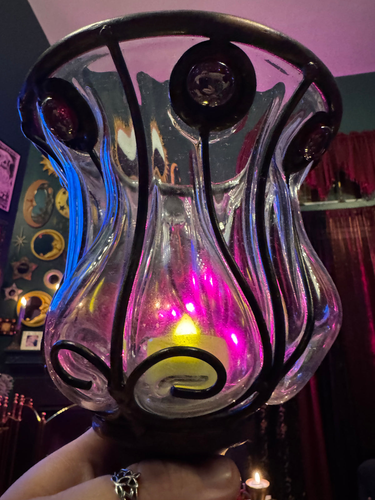 Whimsigoth Iron Glass, Red Jeweled Candle Holder