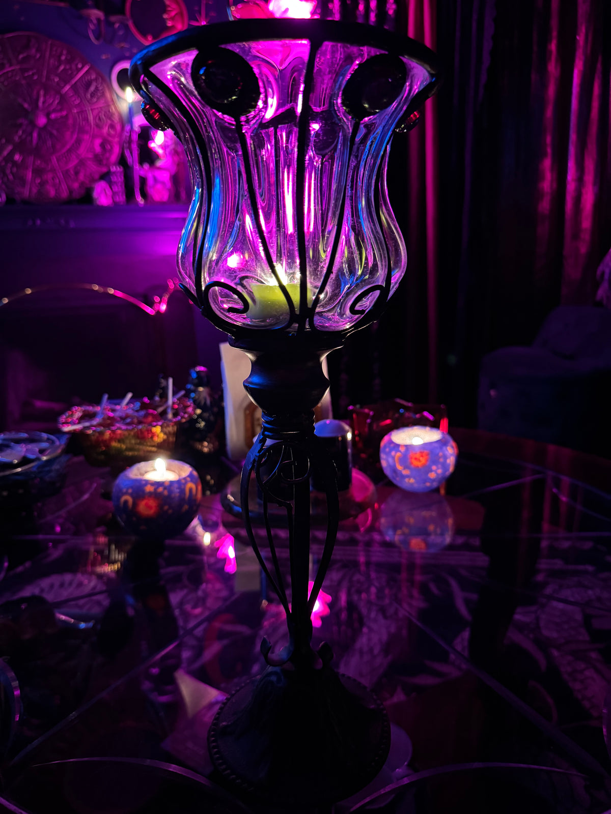 Whimsigoth Iron Glass, Red Jeweled Candle Holder