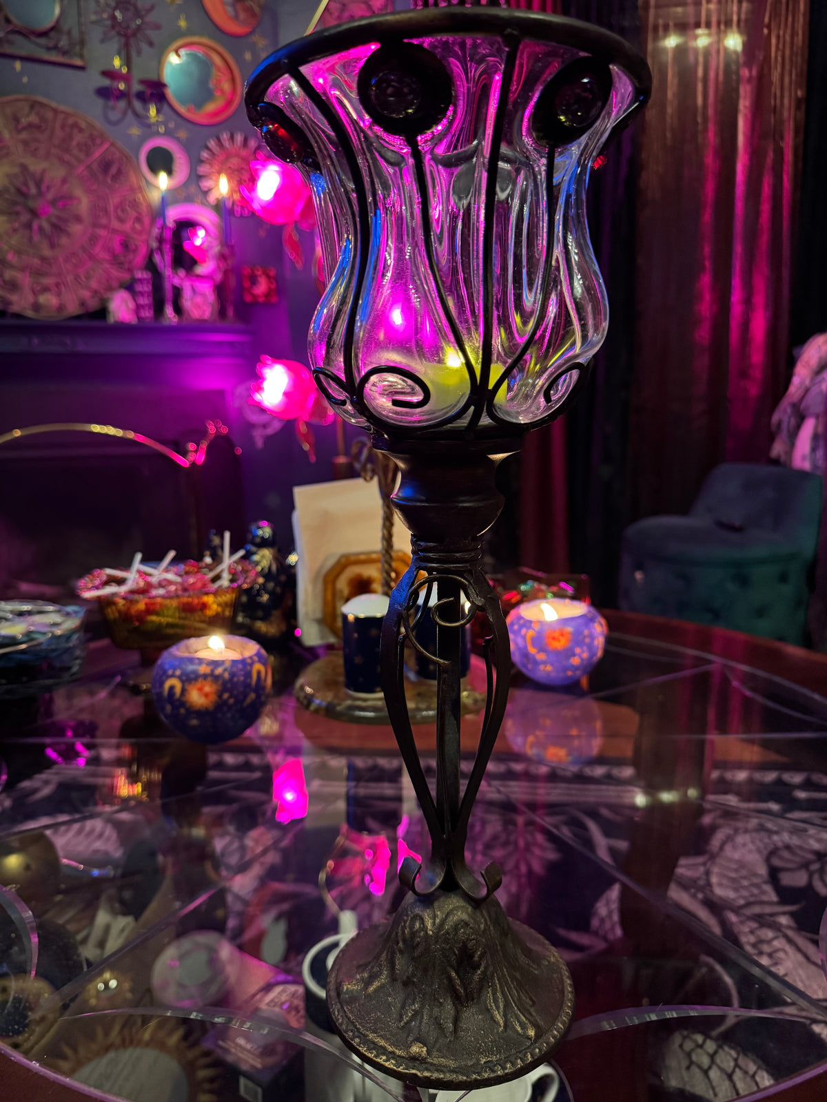 Whimsigoth Iron Glass, Red Jeweled Candle Holder